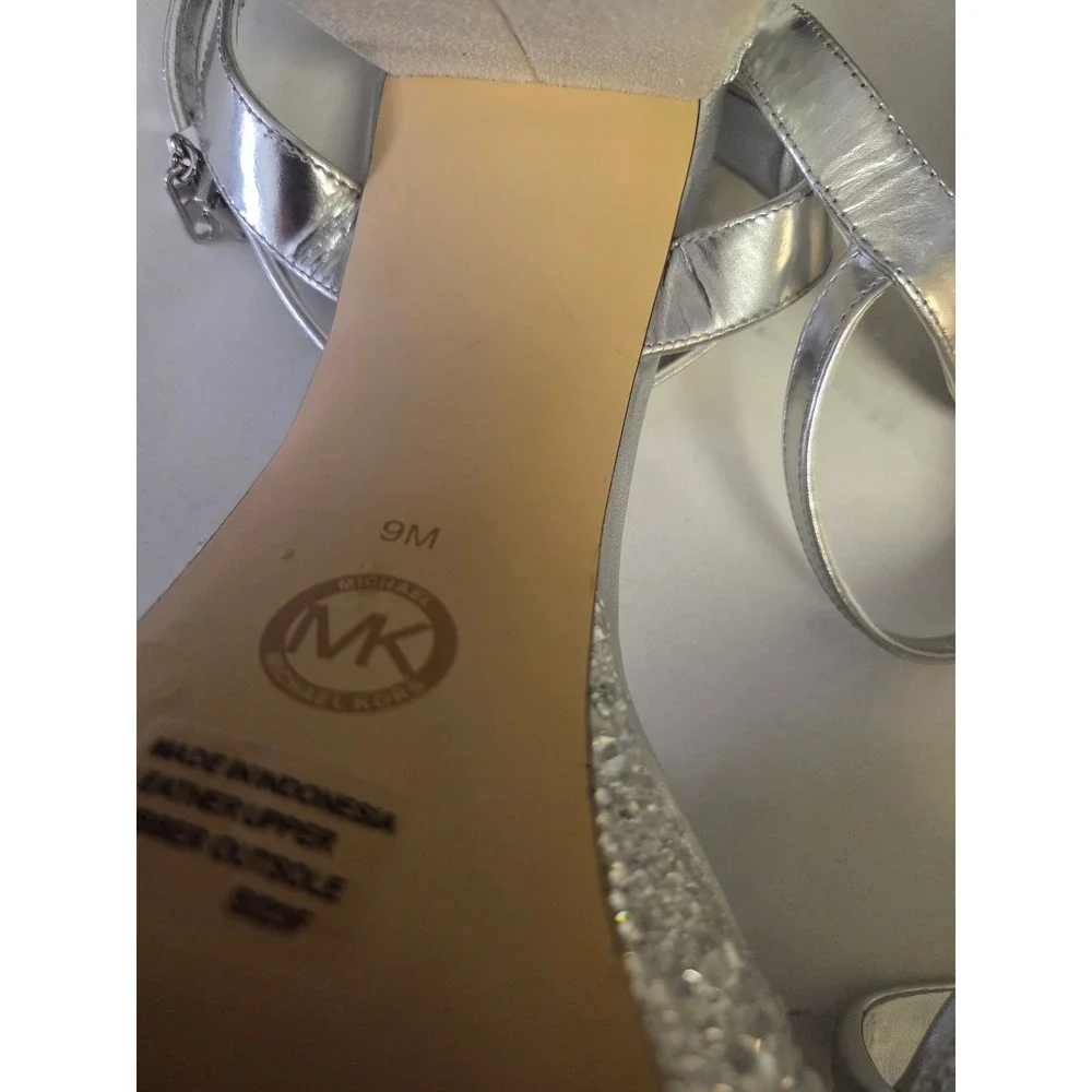 Michael Kors Silver Metallic Rhinestone Platform Block Heel Sandals Womens 9M